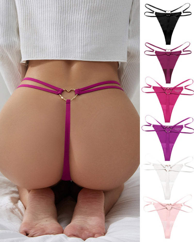 Seamless Double-Strap Heart Metal Ring Design Thong