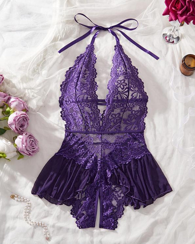 Hollow Lace See-through Suspenders Open Crotch One-piece Pajamas
