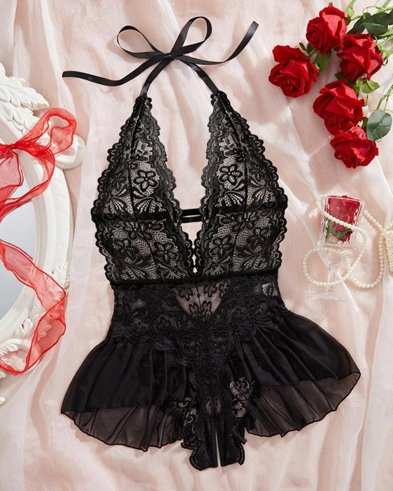 Hollow Lace See-through Suspenders Open Crotch One-piece Pajamas