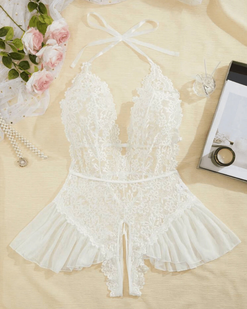 Hollow Lace See-through Suspenders Open Crotch One-piece Pajamas
