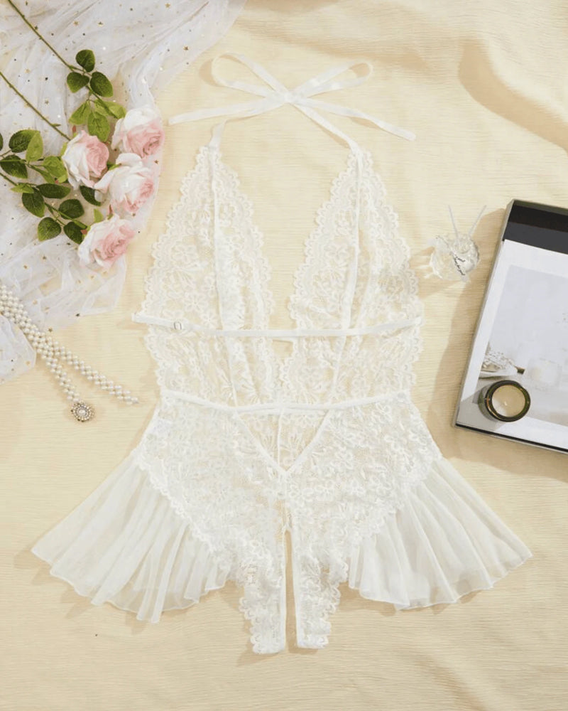 Hollow Lace See-through Suspenders Open Crotch One-piece Pajamas