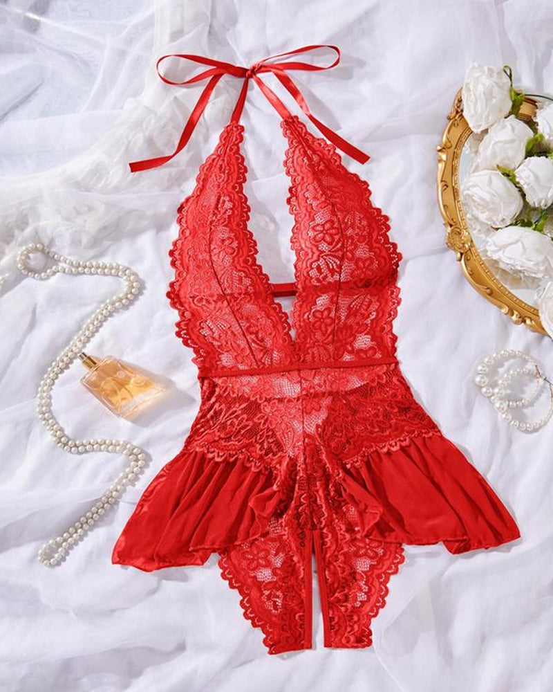 Hollow Lace See-through Suspenders Open Crotch One-piece Pajamas