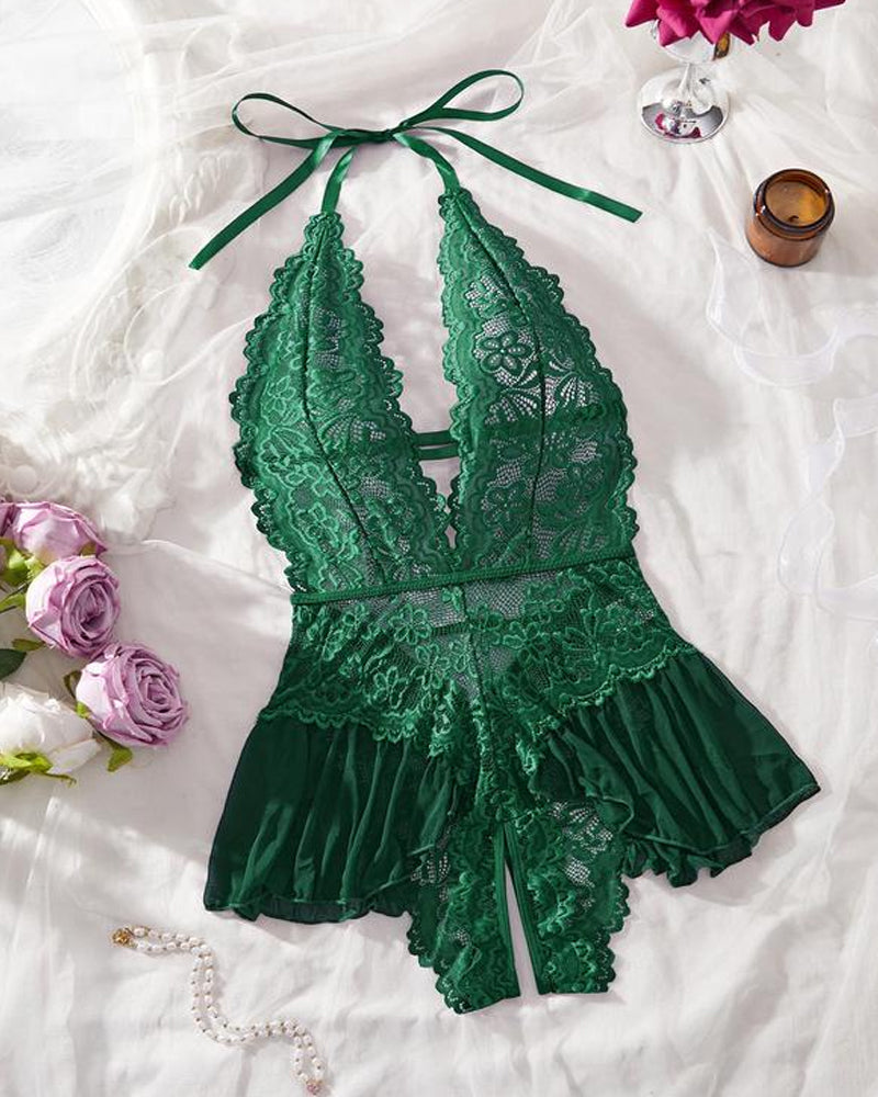Hollow Lace See-through Suspenders Open Crotch One-piece Pajamas