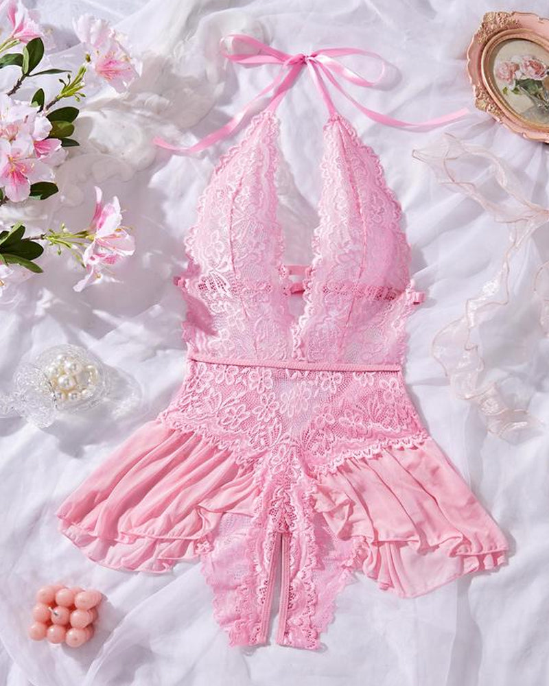 Hollow Lace See-through Suspenders Open Crotch One-piece Pajamas