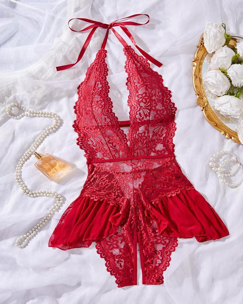 Hollow Lace See-through Suspenders Open Crotch One-piece Pajamas