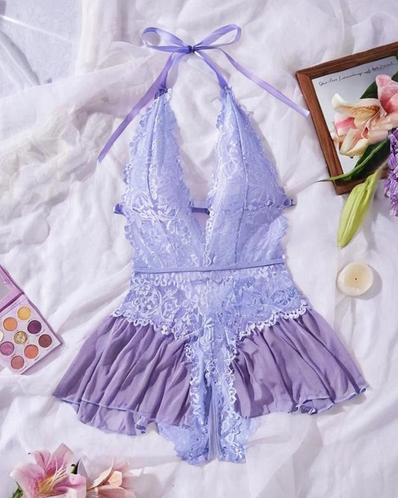 Hollow Lace See-through Suspenders Open Crotch One-piece Pajamas