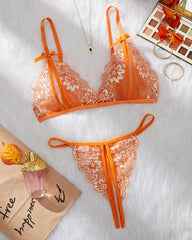 Floral Lace Exposed Breast Bra and Crotchless Thong Panty Set