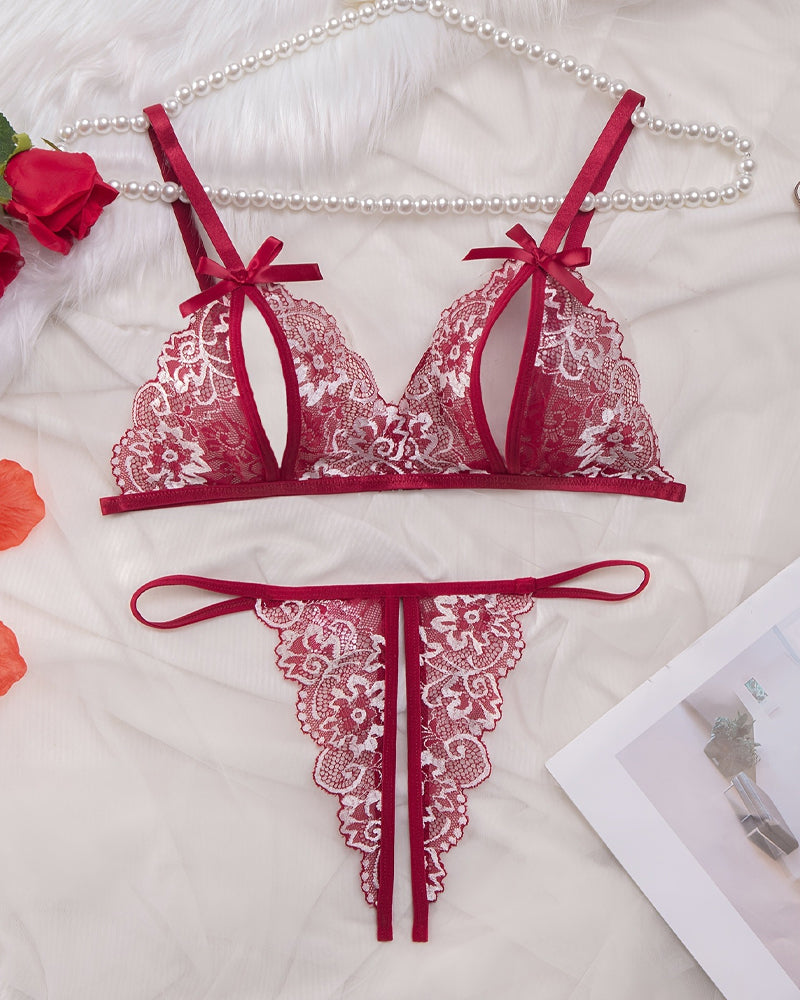 Floral Lace Exposed Breast Bra and Crotchless Thong Panty Set