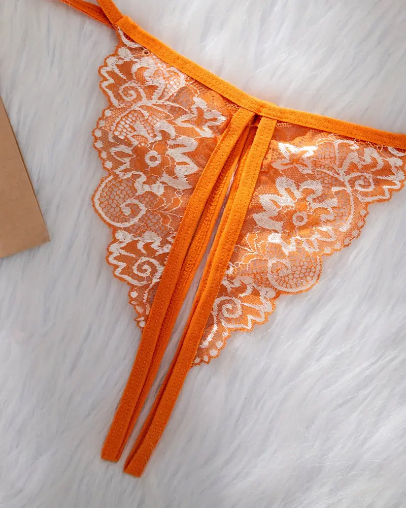 Floral Lace Exposed Breast Bra and Crotchless Thong Panty Set