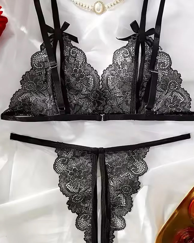 Floral Lace Exposed Breast Bra and Crotchless Thong Panty Set