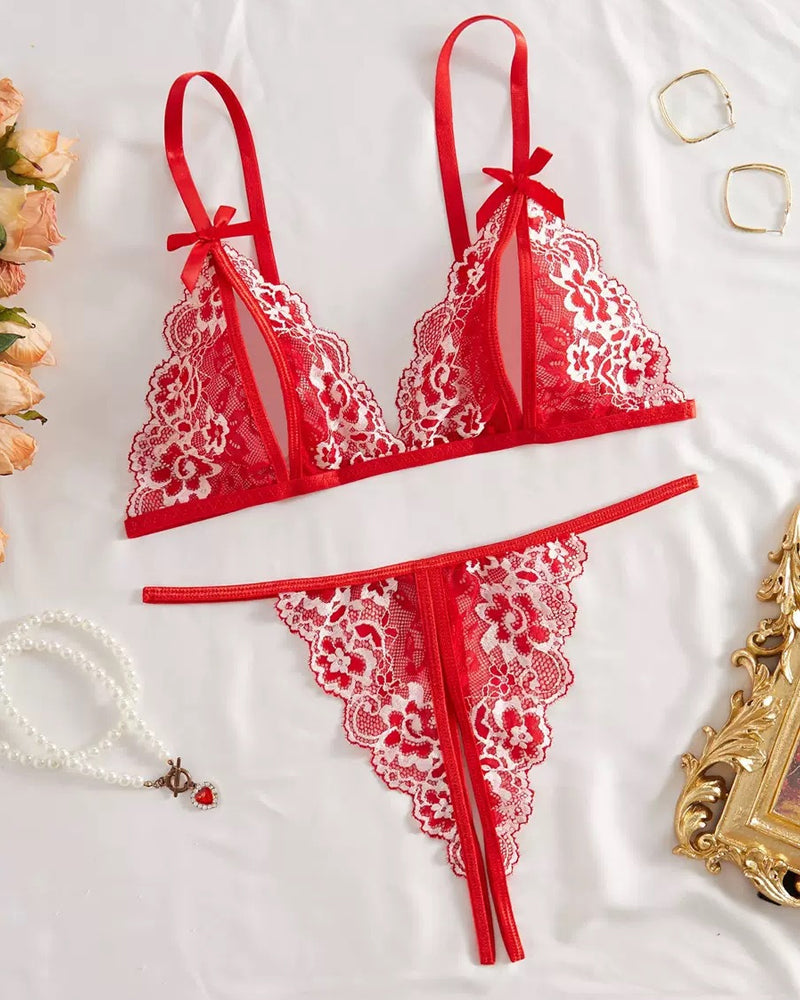 Floral Lace Exposed Breast Bra and Crotchless Thong Panty Set