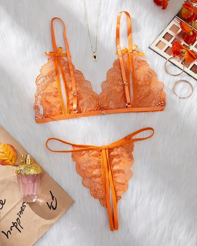 Floral Lace Exposed Breast Bra and Crotchless Thong Panty Set