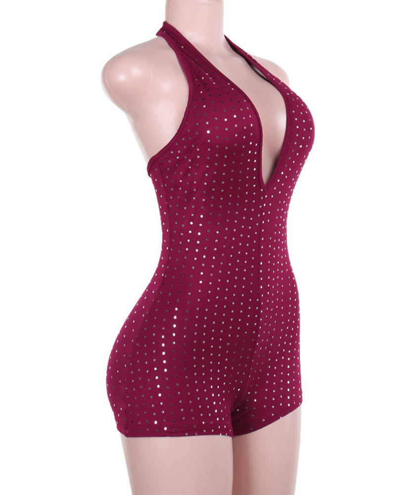 Slim Fit Deep V Jumpsuit with Rhinestones