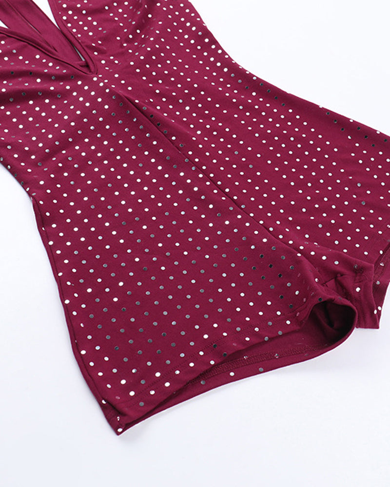 Slim Fit Deep V Jumpsuit with Rhinestones