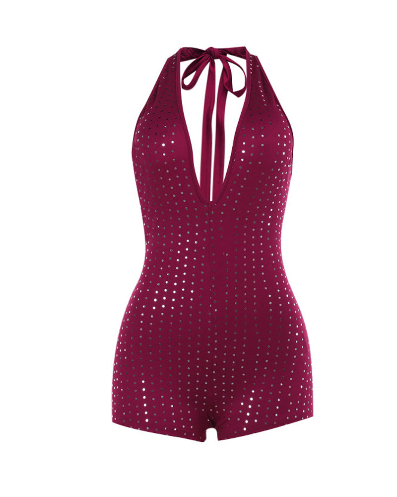 Slim Fit Deep V Jumpsuit with Rhinestones