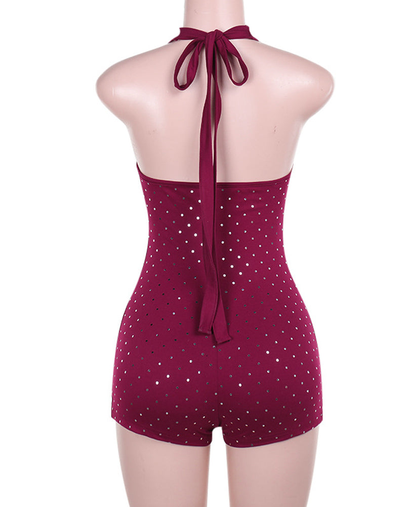 Slim Fit Deep V Jumpsuit with Rhinestones