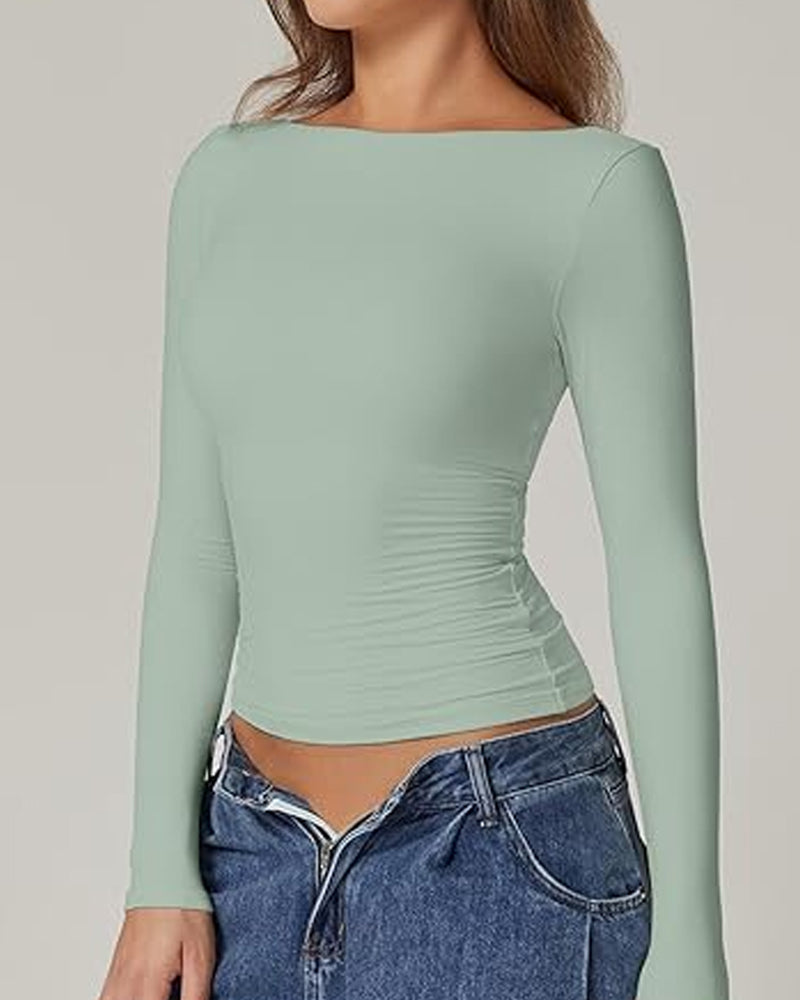 Women's Open Back Seamless Turtleneck Double Lined Slim Fit Long Sleeve Top