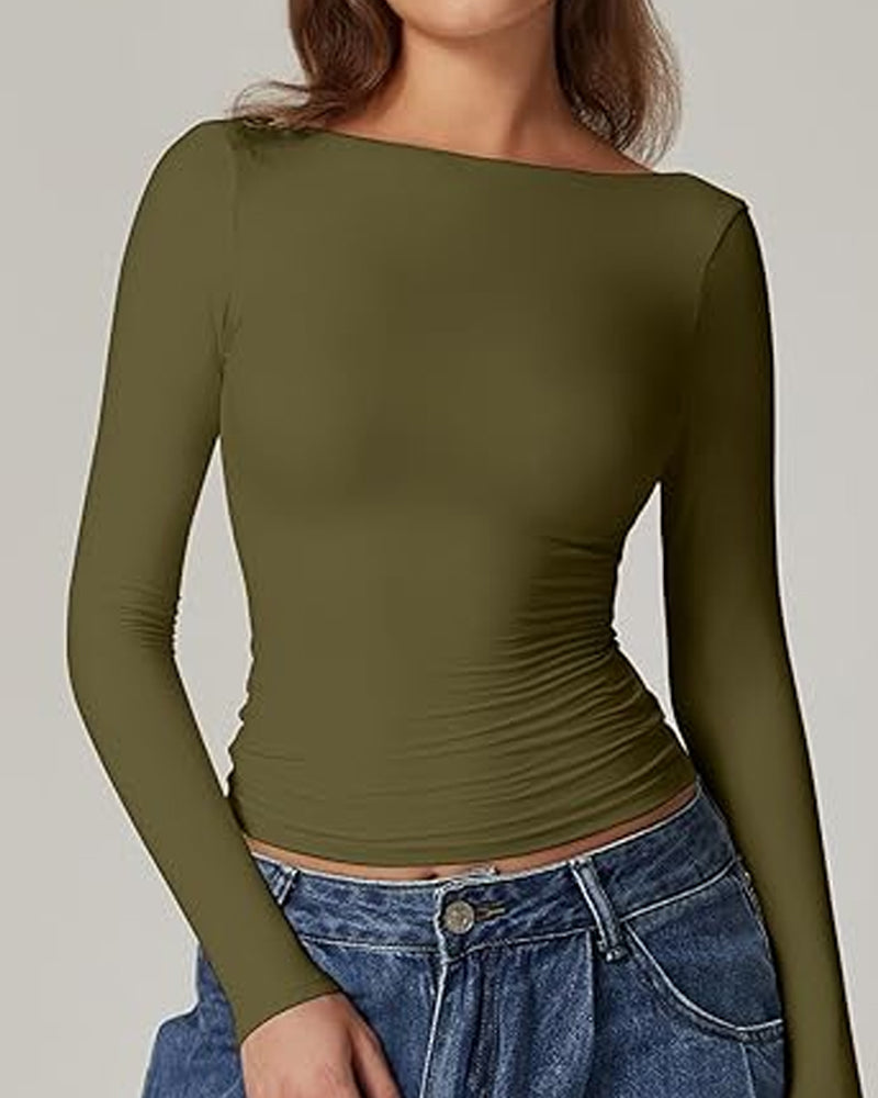 Women's Open Back Seamless Turtleneck Double Lined Slim Fit Long Sleeve Top