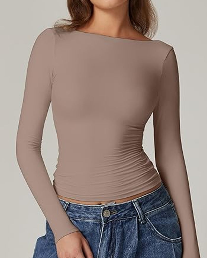 Women's Open Back Seamless Turtleneck Double Lined Slim Fit Long Sleeve Top