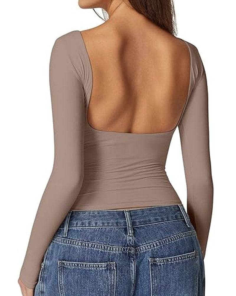 Women's Open Back Seamless Turtleneck Double Lined Slim Fit Long Sleeve Top