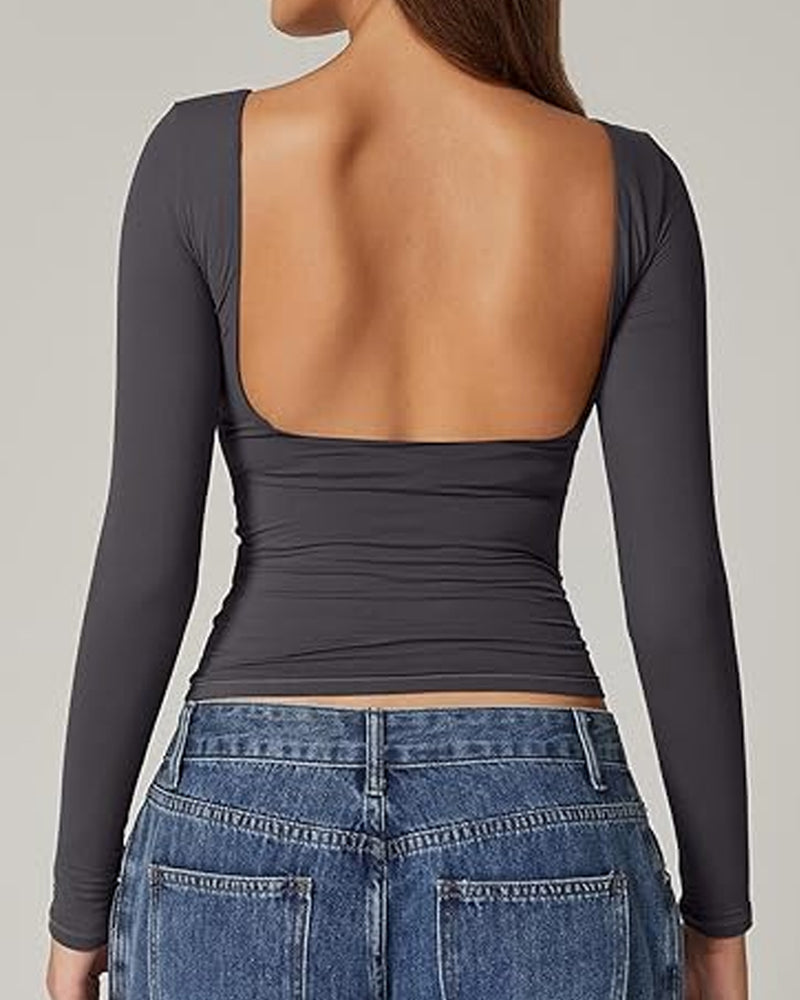 Women's Open Back Seamless Turtleneck Double Lined Slim Fit Long Sleeve Top