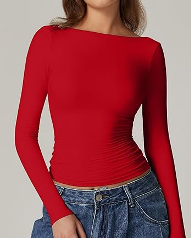 Women's Open Back Seamless Turtleneck Double Lined Slim Fit Long Sleeve Top