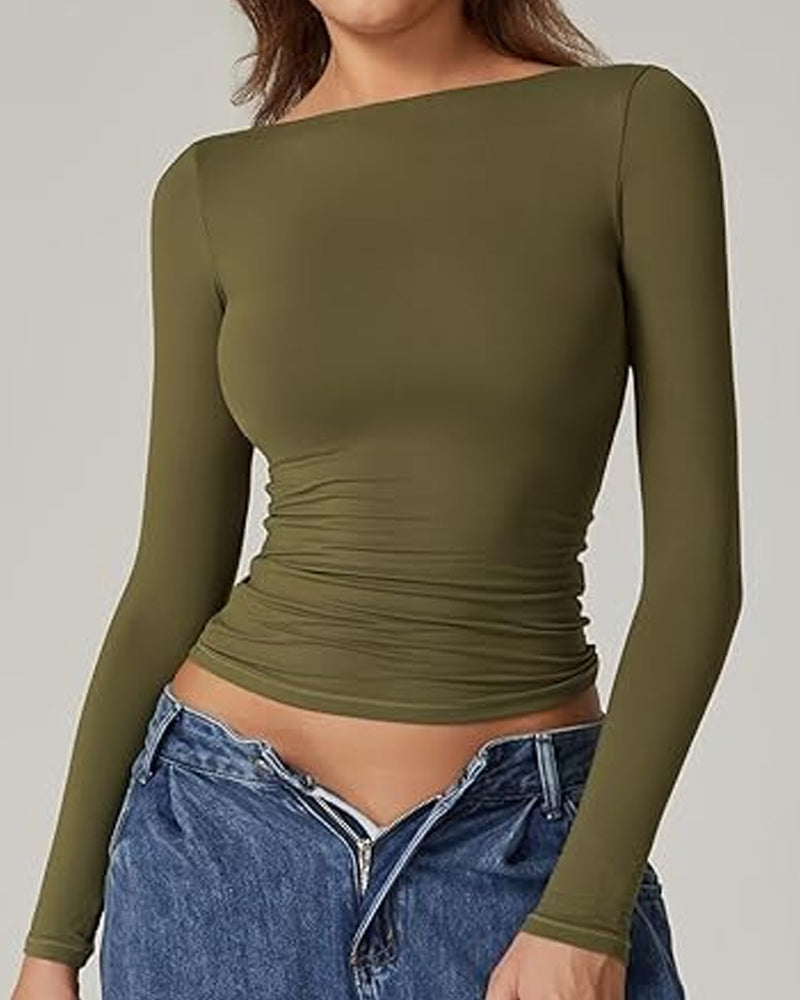 Women's Open Back Seamless Turtleneck Double Lined Slim Fit Long Sleeve Top