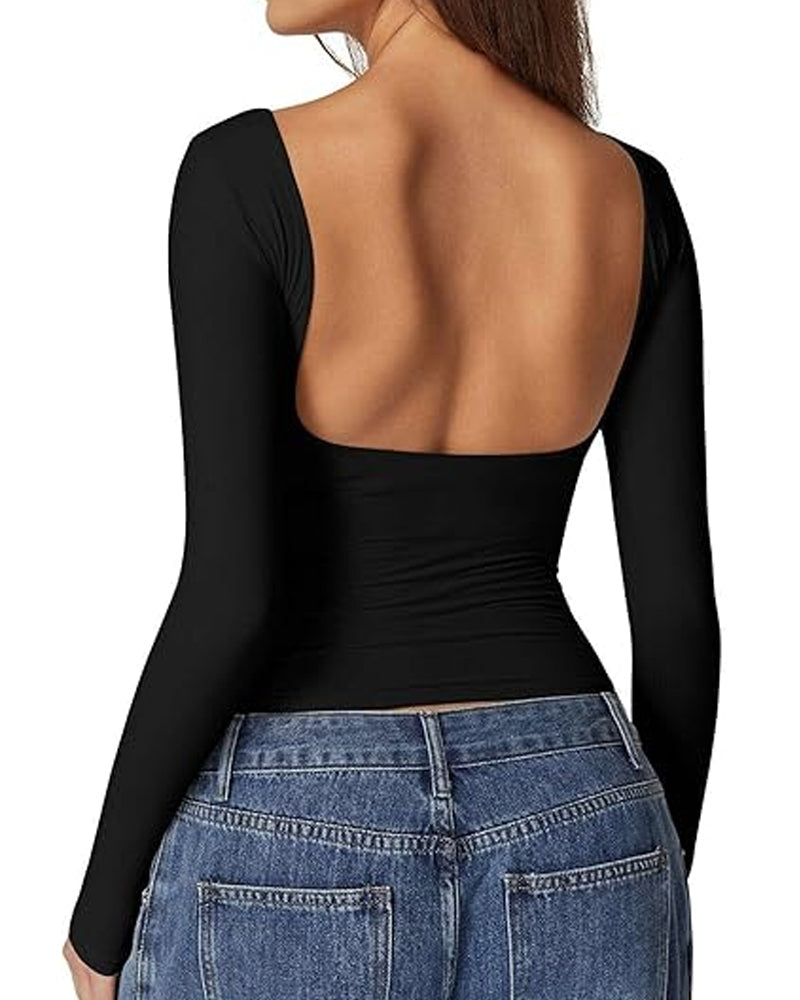 Women's Open Back Seamless Turtleneck Double Lined Slim Fit Long Sleeve Top