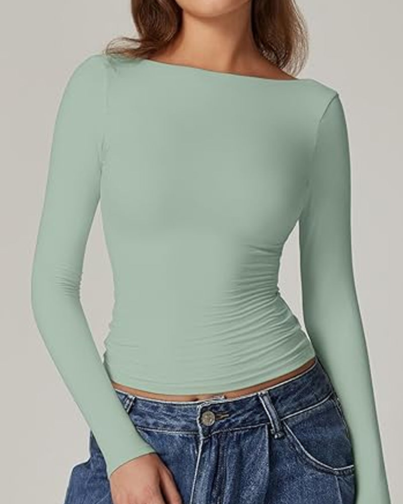 Women's Open Back Seamless Turtleneck Double Lined Slim Fit Long Sleeve Top