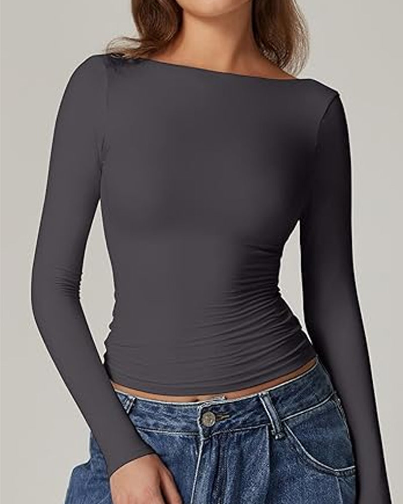 Women's Open Back Seamless Turtleneck Double Lined Slim Fit Long Sleeve Top