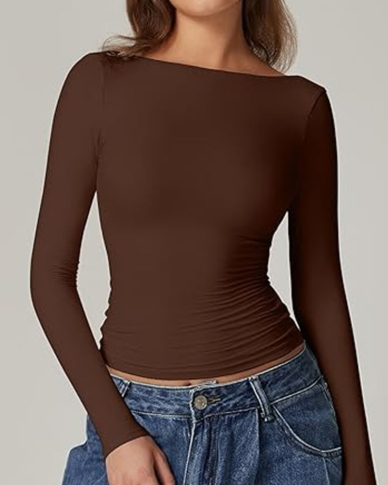Women's Open Back Seamless Turtleneck Double Lined Slim Fit Long Sleeve Top