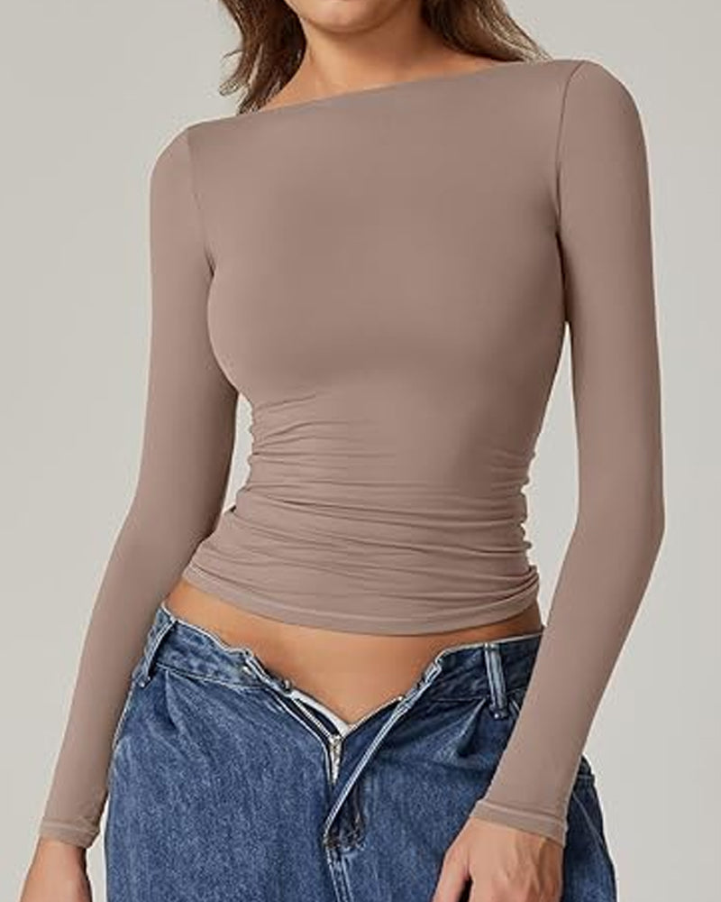 Women's Open Back Seamless Turtleneck Double Lined Slim Fit Long Sleeve Top