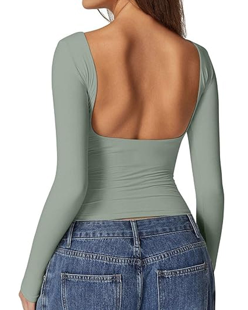 Women's Open Back Seamless Turtleneck Double Lined Slim Fit Long Sleeve Top