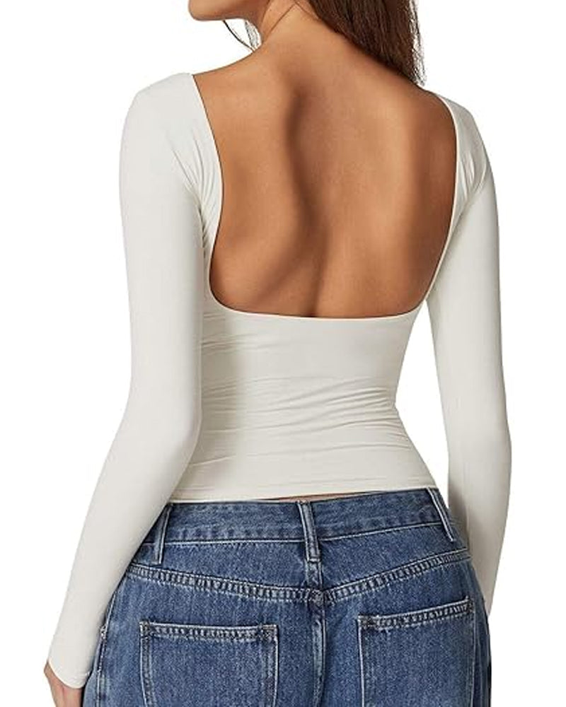 Women's Open Back Seamless Turtleneck Double Lined Slim Fit Long Sleeve Top