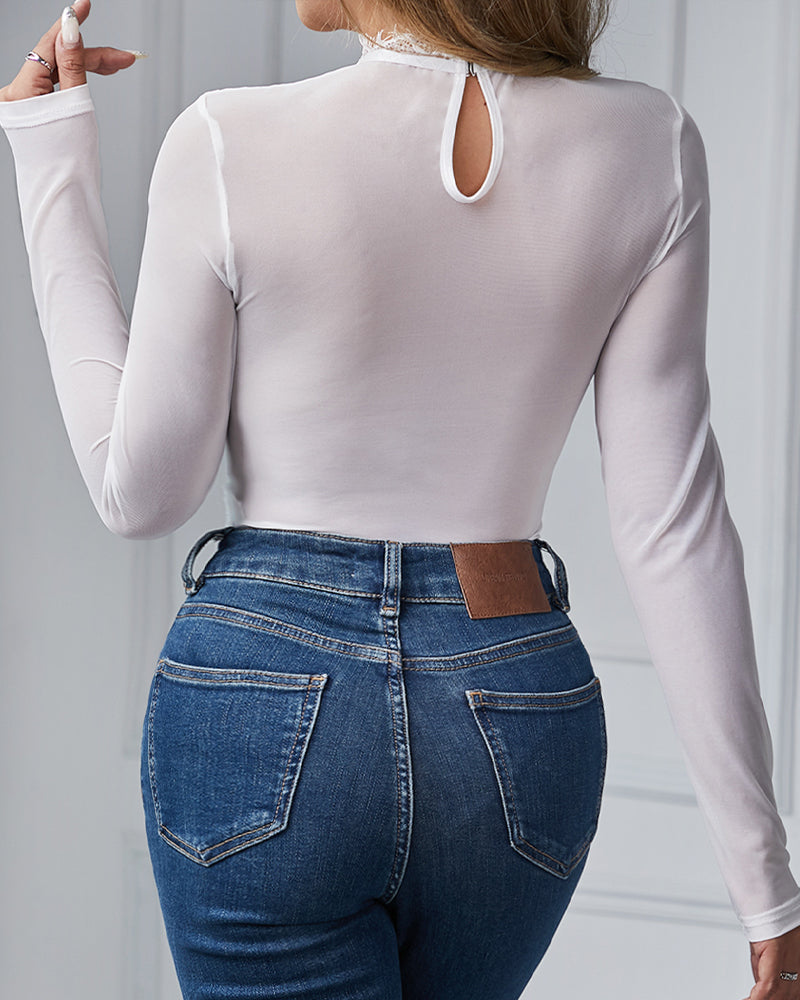 Round Neck Lace Mesh See-through Slim Long Sleeve Tights Bodysuit