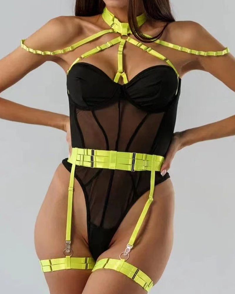 Lace-up Contrast Color Body-shaping One-piece Pajamas