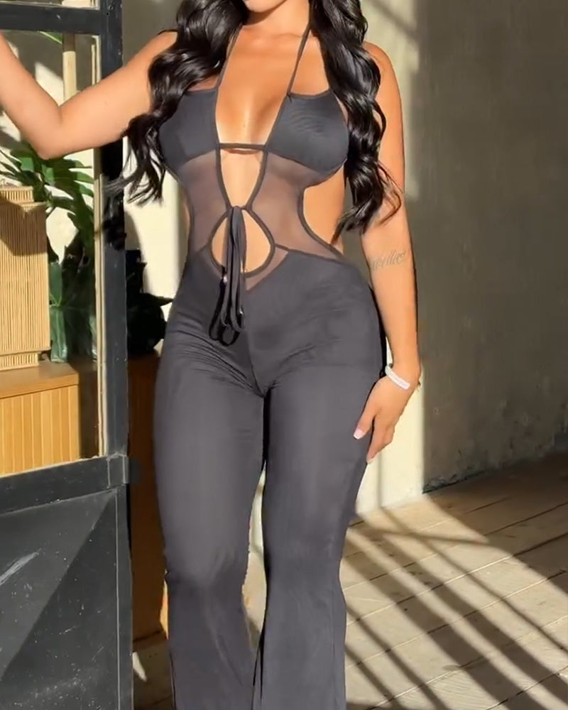 Sleeveless Halterneck Backless Slightly Flared Wide-leg Jumpsuit