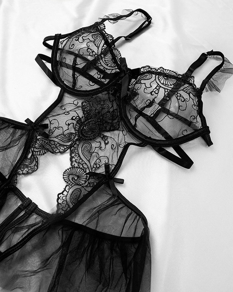 Lace Mesh Open Crotch Hollow Back One-piece Pajamas