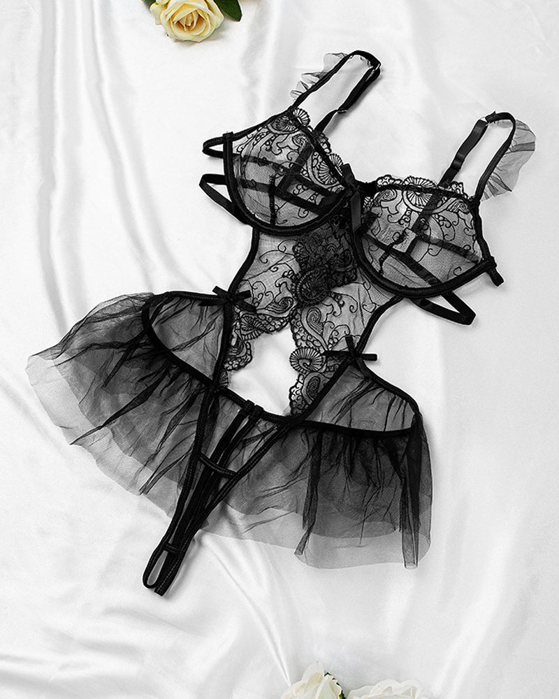 Lace Mesh Open Crotch Hollow Back One-piece Pajamas