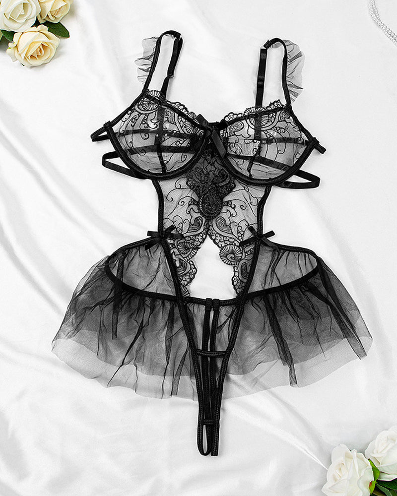Lace Mesh Open Crotch Hollow Back One-piece Pajamas