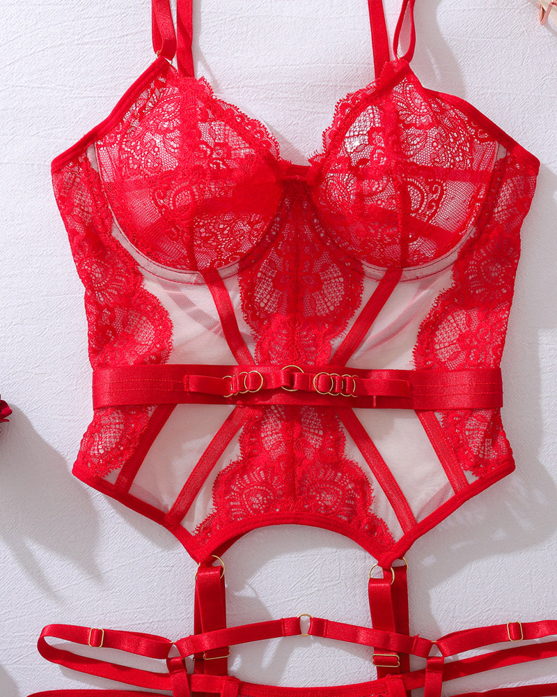 Metal Buckle Decorated Lace See-through Lingerie Set
