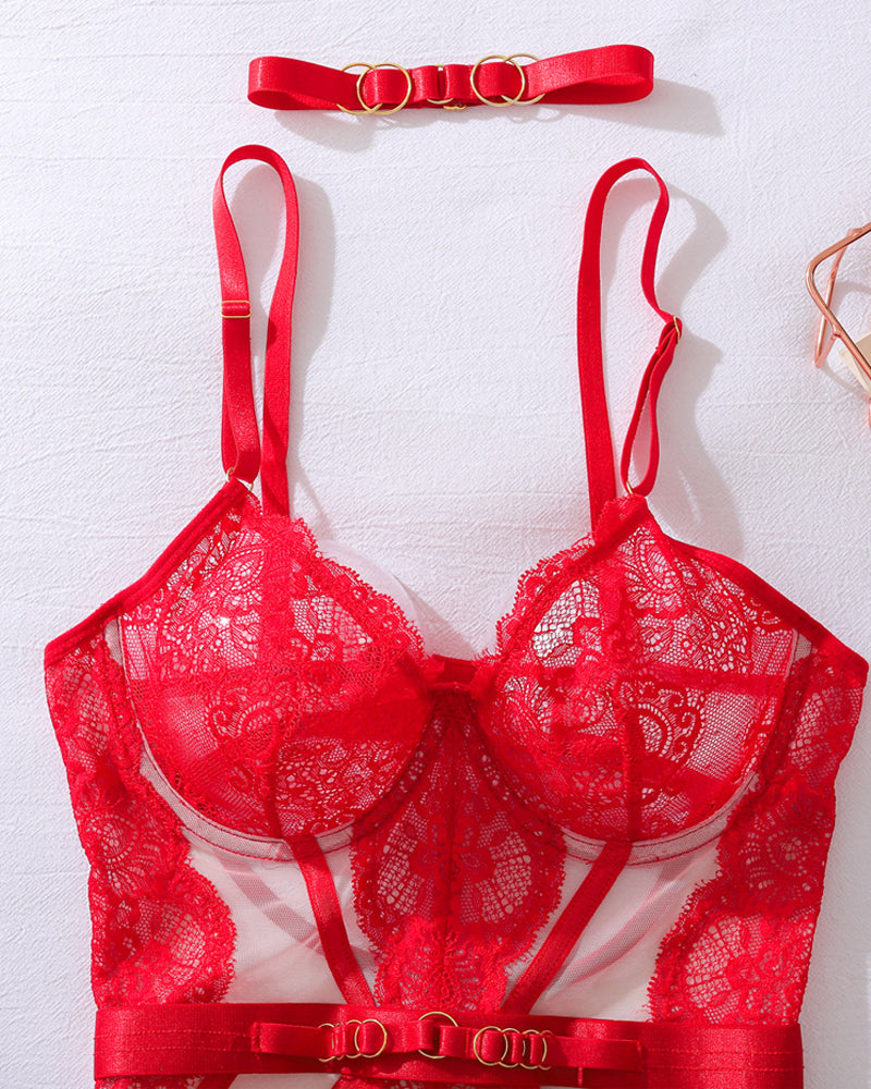 Metal Buckle Decorated Lace See-through Lingerie Set