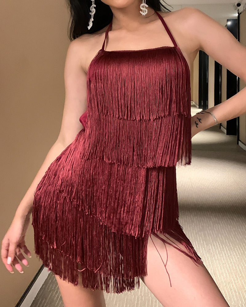 Tassel Halter Neck Solid Color Backless Jumpsuit