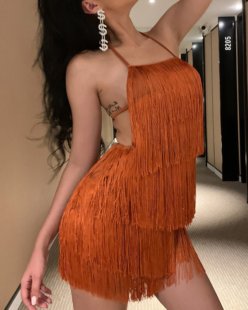 Tassel Halter Neck Solid Color Backless Jumpsuit