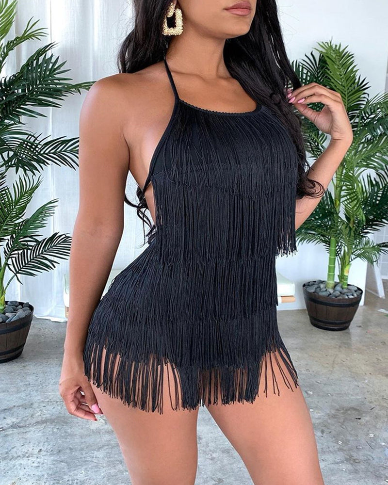Tassel Halter Neck Solid Color Backless Jumpsuit