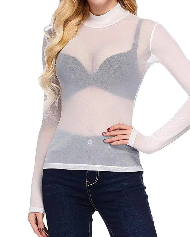 See-through High-neck Elastic Tight Long-sleeved Mesh T-shirt
