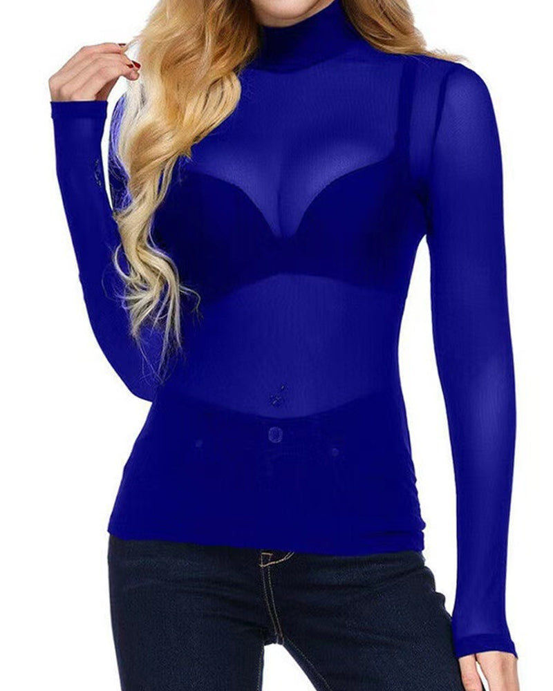 See-through High-neck Elastic Tight Long-sleeved Mesh T-shirt