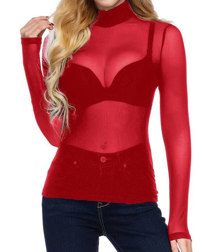 See-through High-neck Elastic Tight Long-sleeved Mesh T-shirt