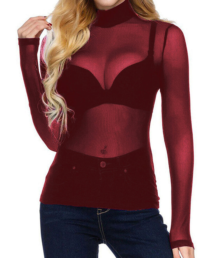 See-through High-neck Elastic Tight Long-sleeved Mesh T-shirt