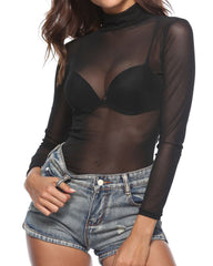 See-through High-neck Elastic Tight Long-sleeved Mesh T-shirt